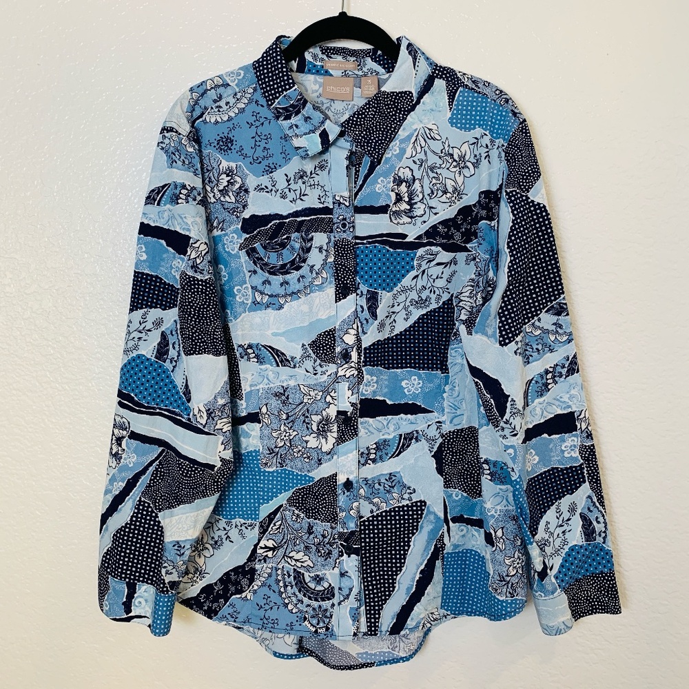 Chico's Whimsy Patchwork Button Up Shirt Size 3 =… - image 1